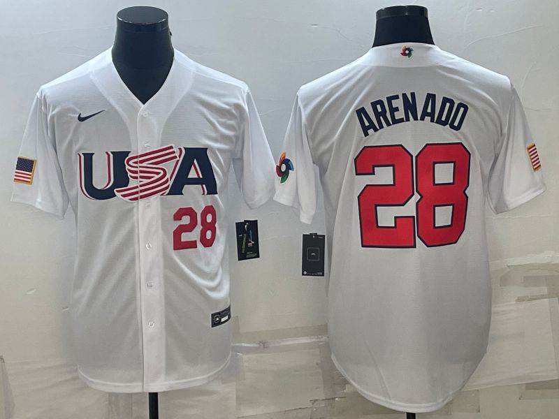 Men 2023 World Cub USA 28 Arenado White Nike MLB Jersey6